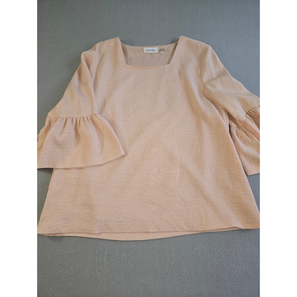 Calvin Klein Blouse Women Large Blush Pink Textured Square Neck Bell Sleeve Top
